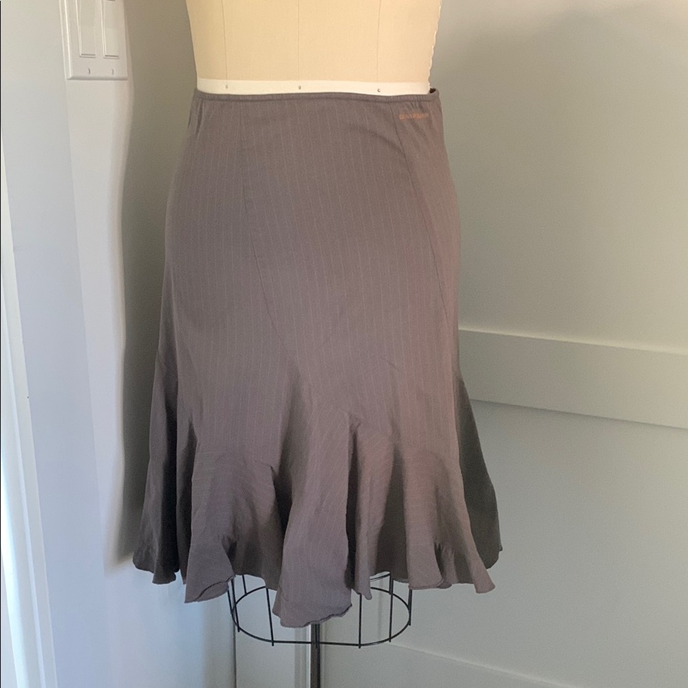 DKNY 100% Cotton Brown with Stripes Trumpet Skirt Knee-Length Pleated